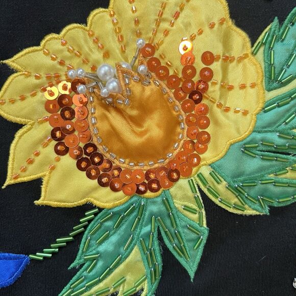 Vtg 80S Lisa Ashley T Shirt Black Sz M Embroidered Beaded Colorful Floral SP Pad - Picture 5 of 10